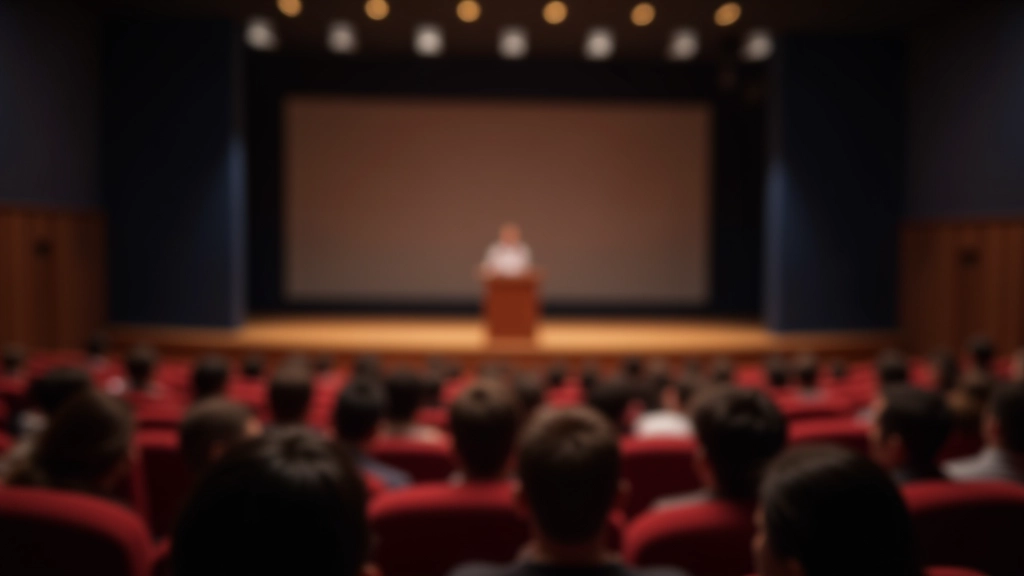 Professional speaker delivering presentation with confident posture and engaged audience in modern auditorium