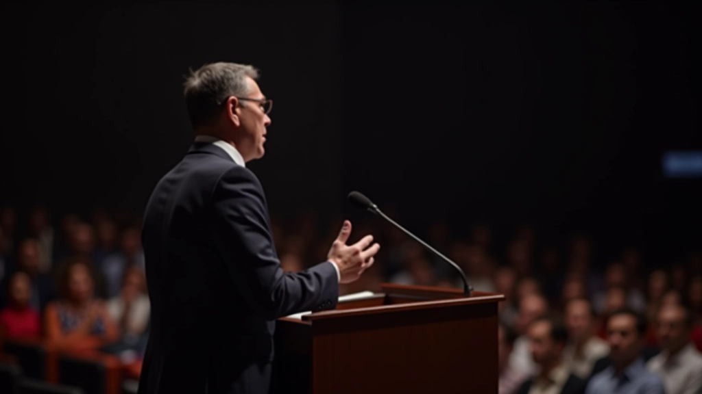 Professional speaker confidently addressing audience with clear posture and focused expression in auditorium setting