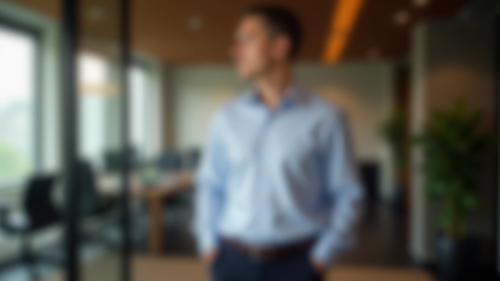 Man in professional attire, hands in pockets relaxed pose, portrait from chest up, modern office environment, approachable expression, sharp focus