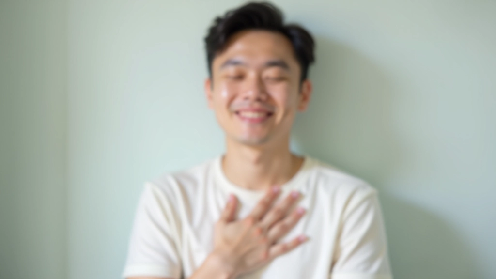 Person sitting peacefully with eyes closed, hand on chest, calm expression, natural light