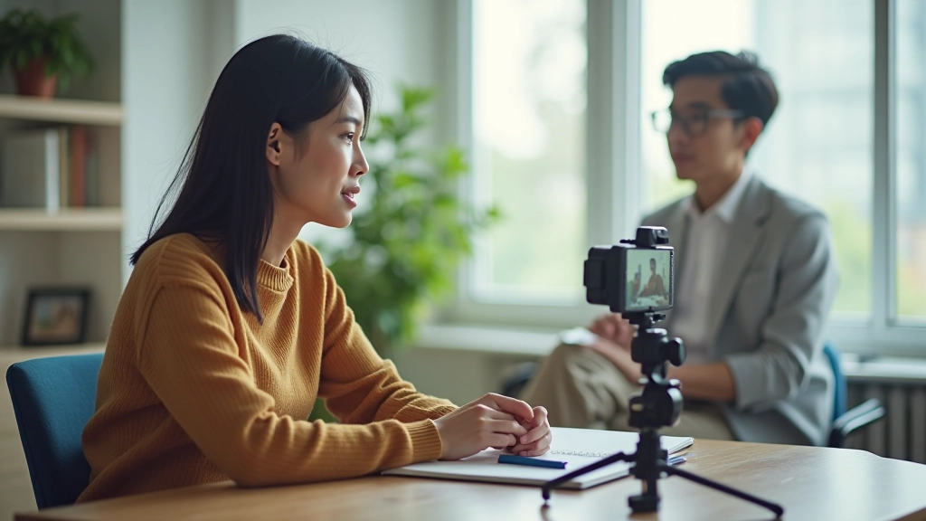 Woman reviewing recorded video of her presentation on laptop screen for self-improvement